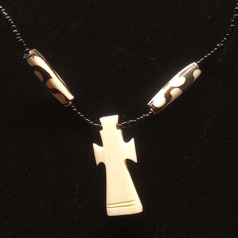 Bone Cross Pendant Necklace Black Beaded Chain Tribal Boho Unisex Gothic